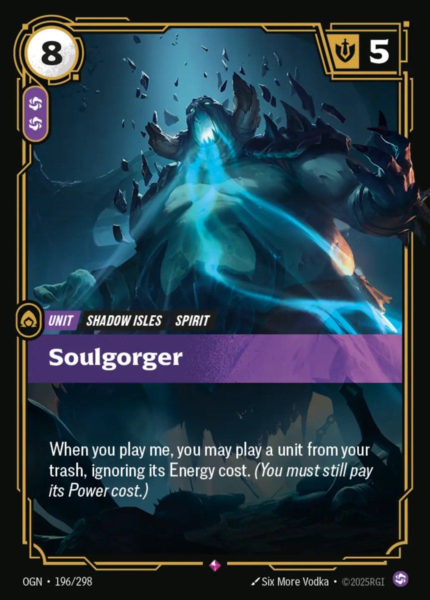 FrobeiF's tweet photo. Return Rhasa in hand, play Soulgorger for free, pay 3 purple power to play Baron.

The combo is here, however the setup could be too slow/conditional.

I like the card, I'll definitely try it out https://t.co/K41bwVNwRK
