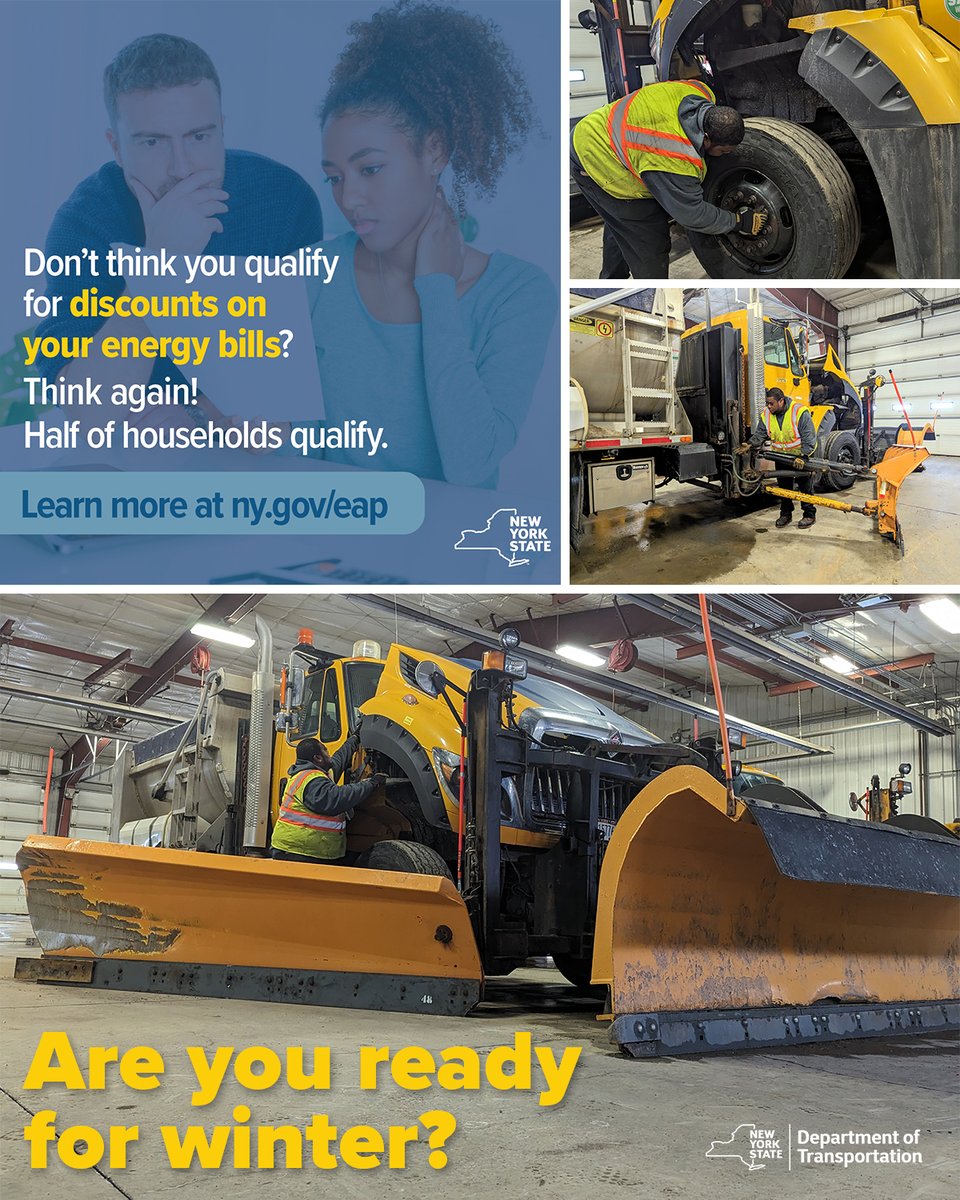 NYSDOT's tweet photo. ❄️ We’re getting ready for winter on the roads. At home, you may be able to save on energy bills: Half of all NY households are eligible for monthly discounts through the Energy Affordability Program. Check eligibility and apply: https://t.co/FnvhyUE463 https://t.co/jiOgbFSPSP