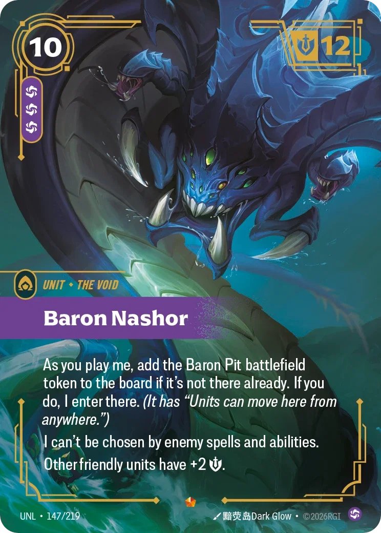 FrobeiF's tweet photo. Return Rhasa in hand, play Soulgorger for free, pay 3 purple power to play Baron.

The combo is here, however the setup could be too slow/conditional.

I like the card, I'll definitely try it out https://t.co/K41bwVNwRK