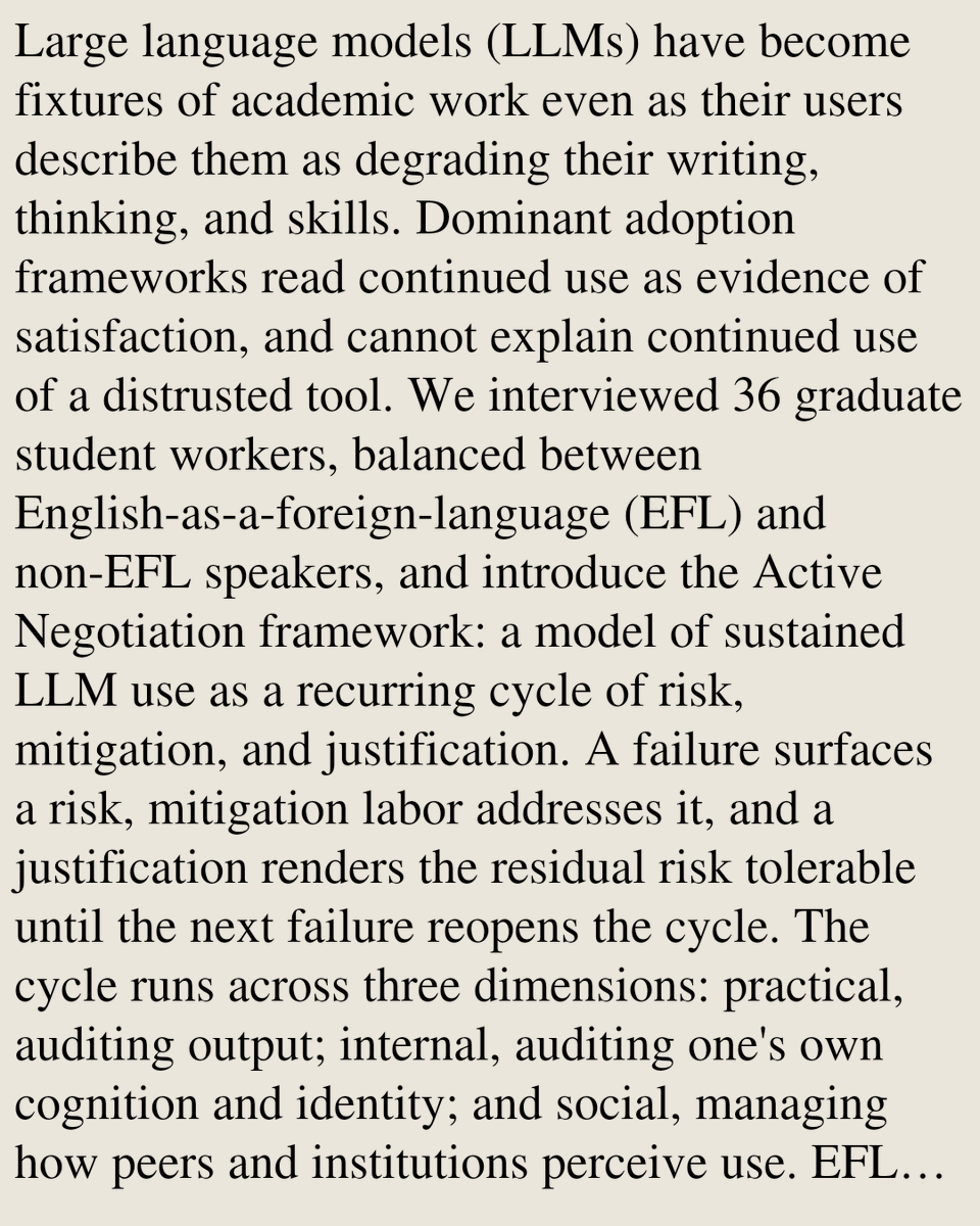Smartphones's tweet photo. "If You're Not Doing It, Somebody Else Is": Active Negotiation and the Invisible Labor of Sustained LLM Use

Matt Viana, Patrick Erickson, Shomir Wilson, Dana Calacci
https://t.co/smK8Zd1HVP [𝚌𝚜.𝙷𝙲] https://t.co/GJLaCElghs