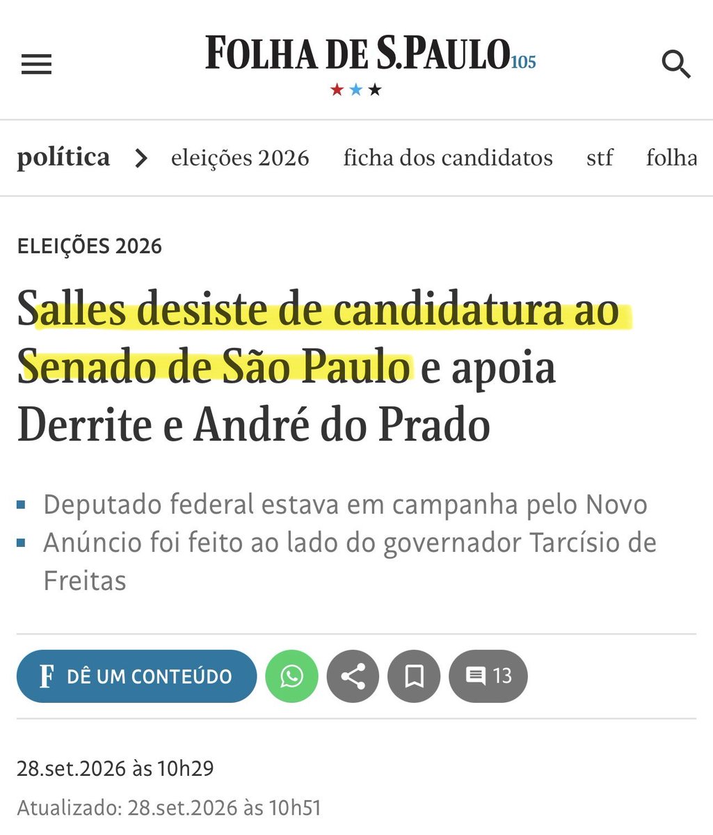 Tali_Mito22's tweet photo. Salles desiste da candidatura.
Atitude mais que acertada‼️

Senado em São Paulo é:
André do Prado 222
Derrite 111 https://t.co/dniQeDEyTq