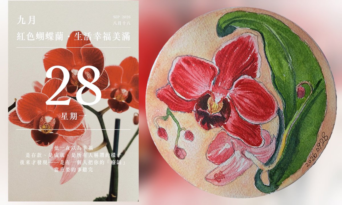 adder915a's tweet photo. 今日花語曆
2026年09月28日
【紅色蝴蝶蘭】（Red Phalaenopsis）憑藉其豔麗典雅的姿態與喜氣的寓意，一直是節慶送禮、家居裝飾與商業開幕的熱門植物首選。
💐花語象徵著「鴻運當頭，幸福翩然飛來」。
#2026年花語日曆 #花語日曆 #每天畫一朵花 
https://t.co/f5kGyeyAJh https://t.co/7ZPCHIy4wR