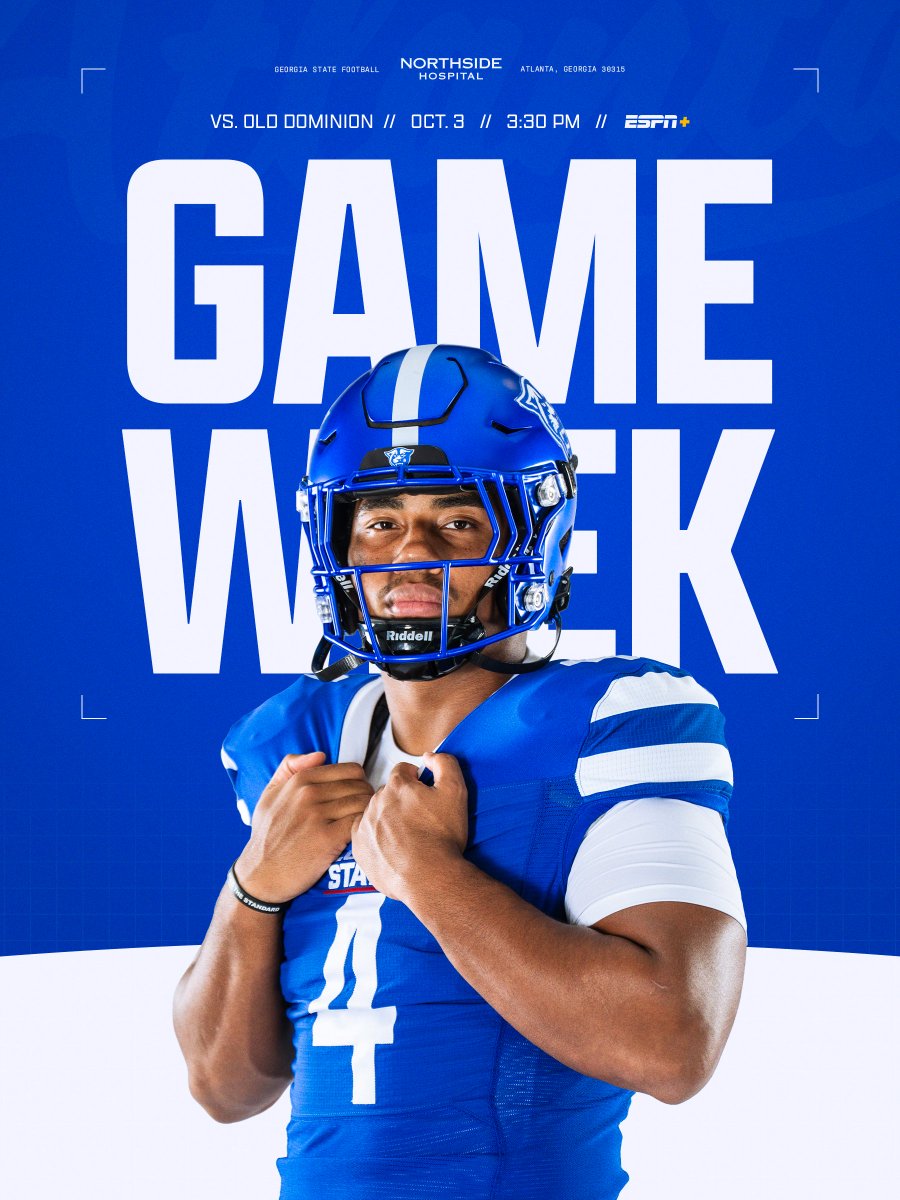GeorgiaStateFB's tweet photo. IT'S HOMECOMING WEEK!

🆚: Old Dominion
🗓️: Saturday, October 3
⏰: 3:30 PM
📡: ESPN+ / WRAS-FM 88.5
📍: Center Parc Credit Union Stadium

🎟️ General: https://t.co/cNZBOZ1EHJ
🎟️ Students (FREE): https://t.co/C55tX9Yi6c

#LightItBlue | @NorthsideHosp