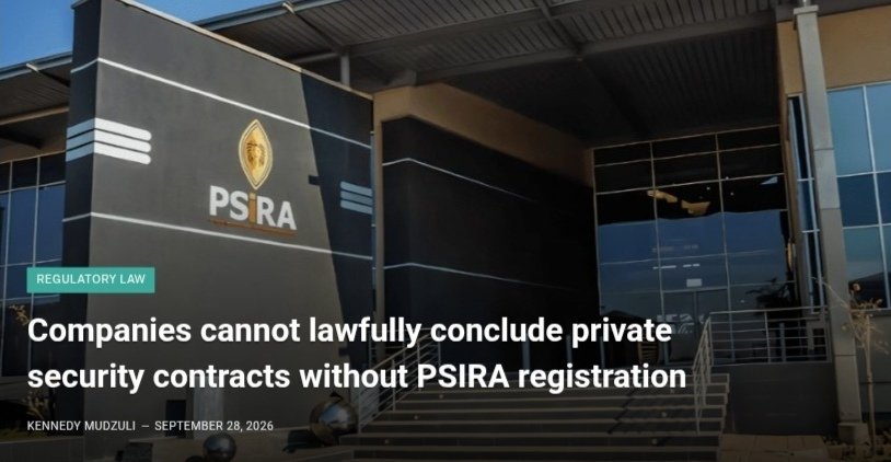 ConvictionZA's tweet photo. The Supreme Court of Appeal has ruled that private security companies cannot lawfully conclude contracts without PSIRA registration.
Read more here: https://t.co/64pK5a2TSa
#PSIRA #PrivateSecurity #SupremeCourtOfAppeal #RegulatoryLaw https://t.co/KsmHFJ0zs7