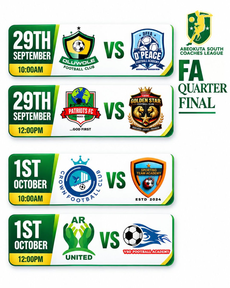 AbkSouthLeague1's tweet photo. FA CUP TUESDAY AND THURSDAY FIXTURES: QUARTER-FINAL 

#ASCL26 #Grassrootfootball https://t.co/VEHv83lTrK