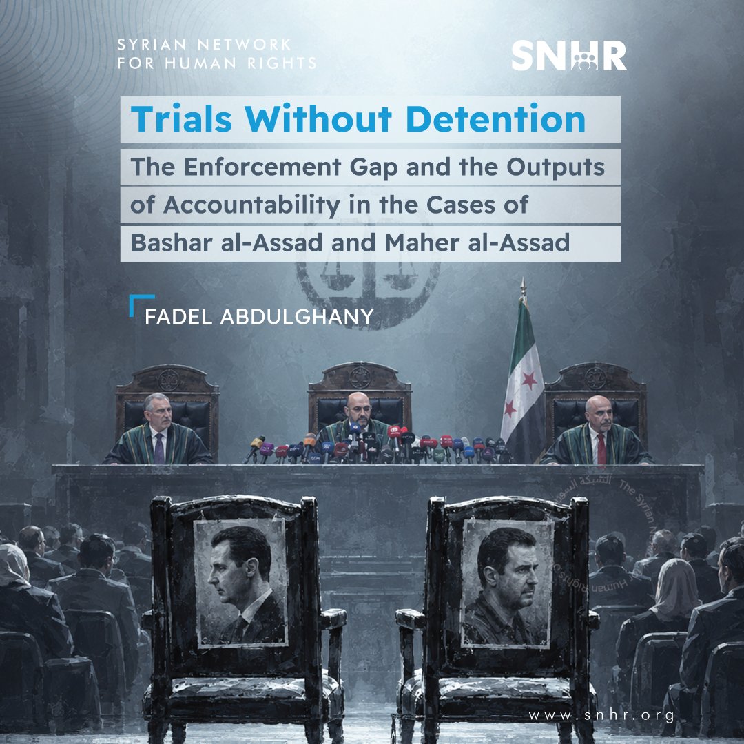 snhr's tweet photo. The Arab Center for Contemporary Syria Studies has published a paper titled “Trials Without Detention: The Enforcement Gap and the Outputs of Accountability in the Cases of Bashar al-Assad and Maher al-Assad,” authored by Mr. Fadel Abdulghany, Executive Director of the Syrian Network for Human Rights.
The paper examines the feasibility of legal proceedings related to the trial track of Bashar and Maher al-Assad through three levels:
Legal-doctrinal level: An analysis of personal and functional immunities in light of the two rulings issued by the French Court of Cassation on 25 July 2025, alongside an examination of the cross-border limits of the ne bis in idem principle.
Theoretical level: A reconceptualization of the enforcement gap as a stable structural condition within a defined time frame, with a focus on the distinctions between evidence and proof, investigation and adjudication, and evidence-gathering and the authority to rule on criminal responsibility.
Applied level: Recommendations for the institutional actors involved in the accountability system, taking into account the jurisdictional limits of each actor and what each can contribute within those limits.

To view the full research paper:https://t.co/fOkvS9JpYA

#SNHR #Syria
