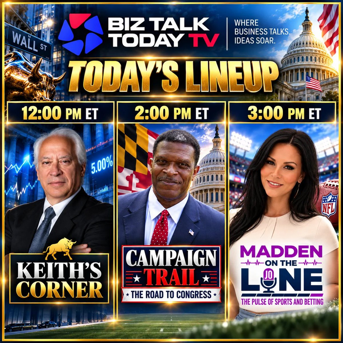 TMSchoenberger's tweet photo. Three shows. Three big conversations. One packed Monday on Biz Talk Today TV.

Today’s lineup starts at 12:00 PM ET with Keith Schneider, CEO and Co-Founder of https://t.co/1rnLzz1BMV, returning to Keith’s Corner to tackle Wall Street, rising Treasury yields and what investors should be watching next.

At 2:00 PM ET, congressional candidate Berney Flowers joins Campaign Trail: The Road to Congress for a timely conversation about Maryland politics, rising power costs, data centers and the race for Maryland’s 3rd Congressional District.

Then at 3:00 PM ET, Jo Madden takes over with Madden On The Line, breaking down NFL Week 3, getting bettors ready for Monday Night Football and looking ahead to a potentially season-changing Week 4.

📺 Watch LIVE on Biz Talk Today TV.

Wall Street. Washington. Sports. One network.

#BizTalkTodayTV #KeithsCorner #CampaignTrail #MaddenOnTheLine #WallStreet #MarylandPolitics #NFL #SportsBetting #LiveTV | @JoMaddenSports | @maddenontheline | @Berney_Flowers | @ecomodfam