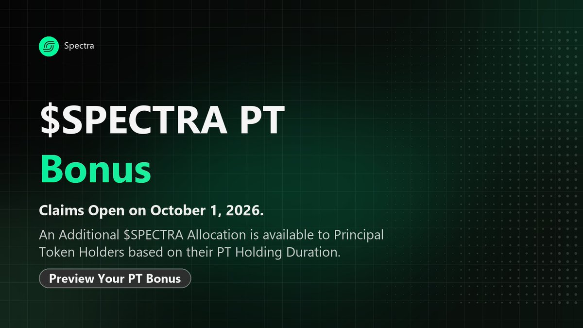 SprectaFhub's tweet photo. @spectra_finance Long-term PT holding pays off on October 1, 2026! 📈

We’re dropping an additional SPECTRA allocation for SPECTRA Principal Token holders, scaled by holding duration.

See what you’re eligible for ↓
https://t.co/7OKu8baW1U https://t.co/OYvTH2bczy