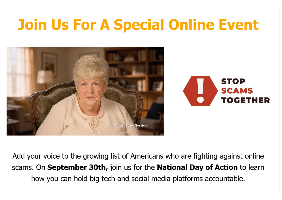 MPTF's tweet photo. On September 30, join us for the National Day of Action to learn how you can hold big tech and social media platforms accountable. Plus, be among the first to see MPTF's Stop Scams Together PSA which will begin airing nationally in October. Sign up at https://t.co/KLYIFHSd0d https://t.co/RNFZYZYJcI