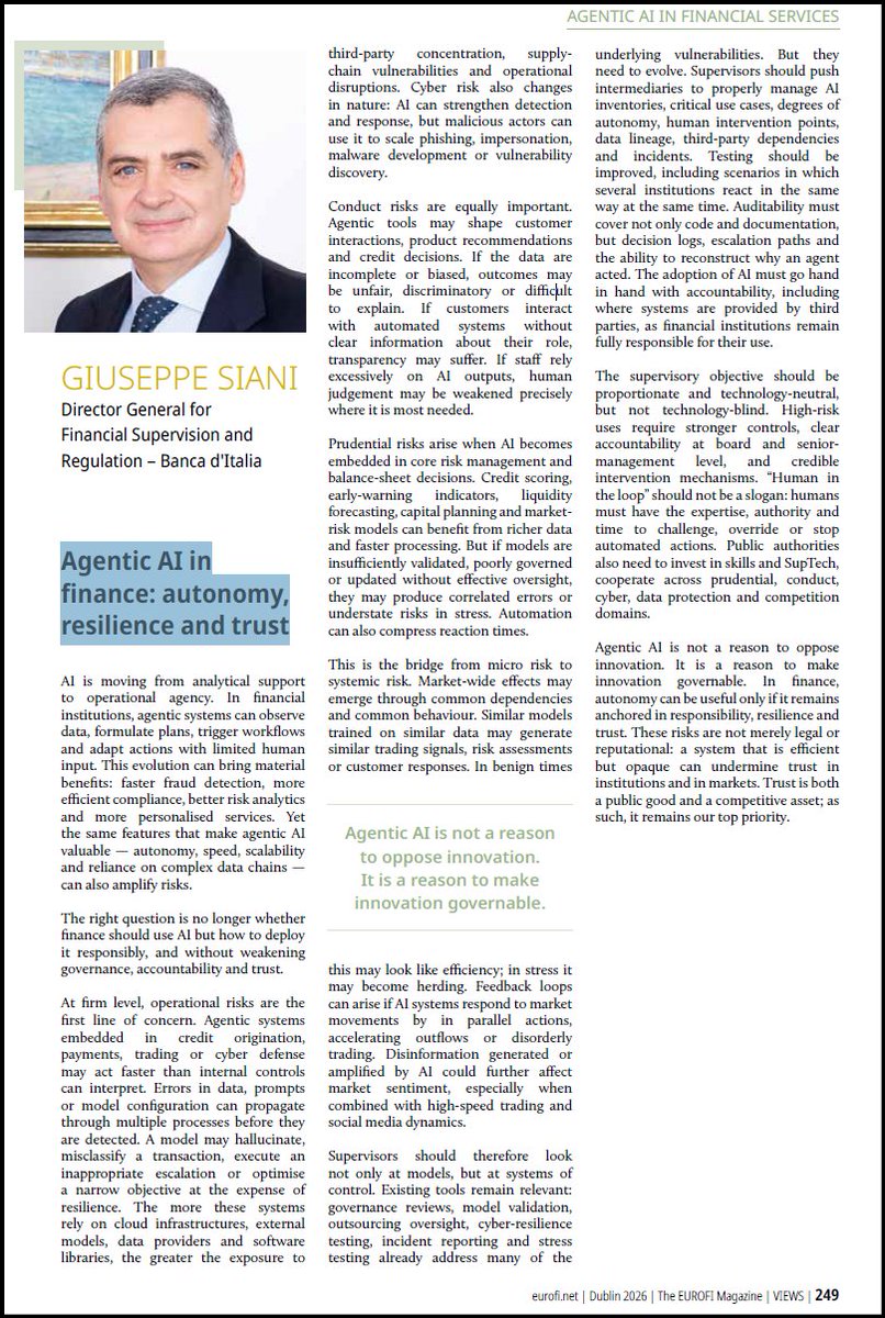 _jrosenberg's tweet photo. "Yet the same features that make #agentic_AI valuable — autonomy, speed, scalability and reliance on complex data chains — can also amplify risks.
The right question is no longer whether finance should use AI but how to deploy it responsibly, and without weakening governance, accountability and trust.
…
The supervisory objective should be proportionate and technology neutral, but not technology-blind.
High-risk uses require stronger controls, clear accountability at board and senior-management level, and credible intervention mechanisms." https://t.co/O80v2bpDCO