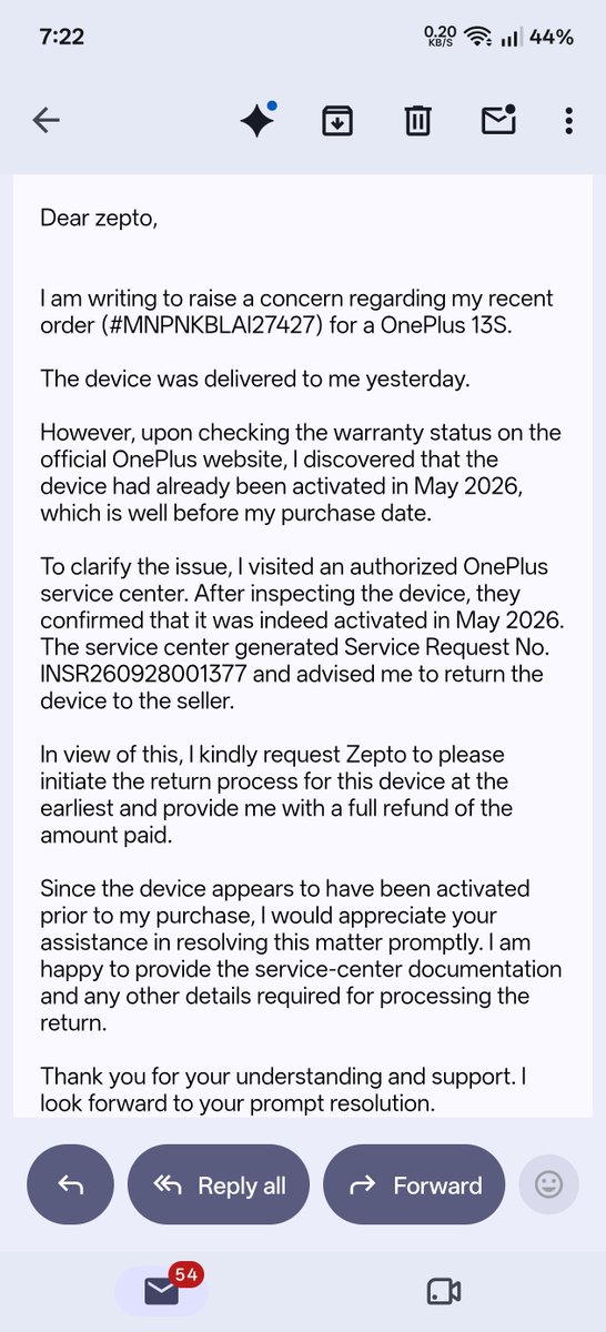 splendidBoron's tweet photo. Bought a OnePlus 13S from @ZeptoCare, but the phone was already activated months before my purchase. OnePlus service centre advised me to return it, yet Zepto is refusing the refund and repeating the same response.

@OnePlus_IN please intervene. I want replacement or refund. https://t.co/aNgD0VHZT8