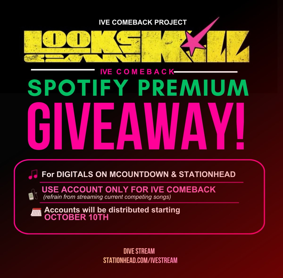 divestream_'s tweet photo. [📢] DIVEs Spotify Premium Project

Fill out the form to request for 
Spotify Premium Account
🖇️https://t.co/ezcce1ujbb

✔️Must be an active streamer 
during IVE CB on Stationhead
✔️For direct streaming, use IVE Focus Playlist (refrain from streaming competing artist song) https://t.co/gYYmMgaFxH