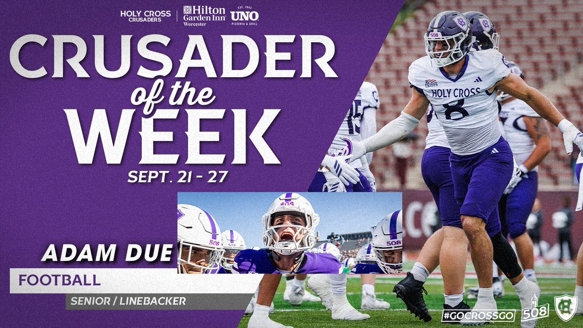 GoHolyCross's tweet photo. Adam Due of @HCrossFB is our latest Hilton Garden Inn Crusader of the Week! 

Due had an all-around day on defense as Holy Cross defeated Lafayette, with two TFLs, a seven-yard sack, a forced fumble, a quarterback hurry and an interception: https://t.co/q6LEzk8Qfk

#GoCrossGo https://t.co/CJeRmbbn0j