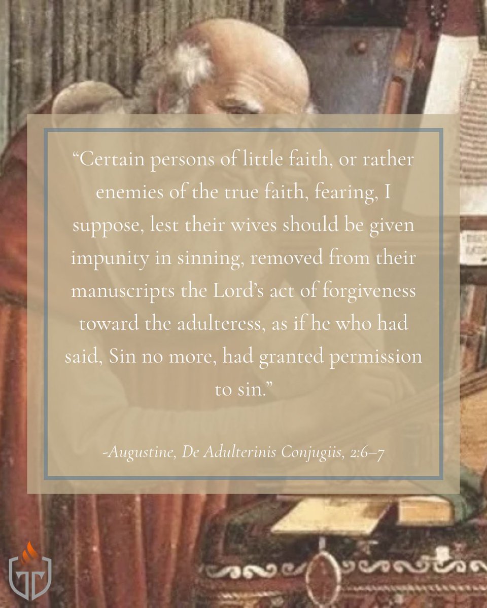 thetextkeptpure's tweet photo. On why John 7:53-8:11 was missing from some manuscripts, Augustine had this to say:

Learn more about the importance of the received text using the link in our bio. https://t.co/3vlMfikJfW