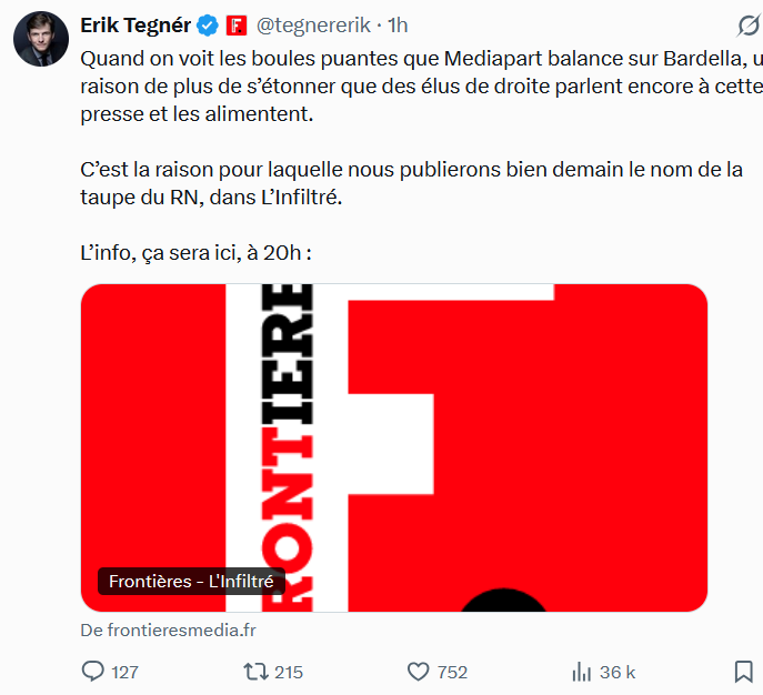 ContreAttaque_'s tweet photo. Doublement savoureux :

- Deux faction du RN s'apprêtent à se dévorer entre elles

- Ce crétin de Frontières confirme que l'enquête de Médiapart repose sur une source interne au parti, donc fiable. Et démolit ainsi la ligne de défense de Bardella qui jure que tout est faux. https://t.co/bv5xdES4xG