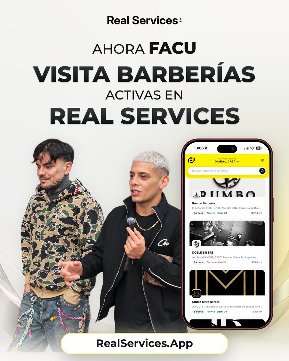 realservicesapp's tweet photo. ¡Bienvenido a la familia, @facunavajass 💛💈Nuevo embajador oficial de Real Services.  

Gracias a que Real Services te recomienda las barberías que hay en cada zona, Facu Navajas puede obtener buenas referencias para Visitarlos 😱 

📲 1 MES GRATIS código FACU NAVAJAS. https://t.co/CVBWlJJMjs