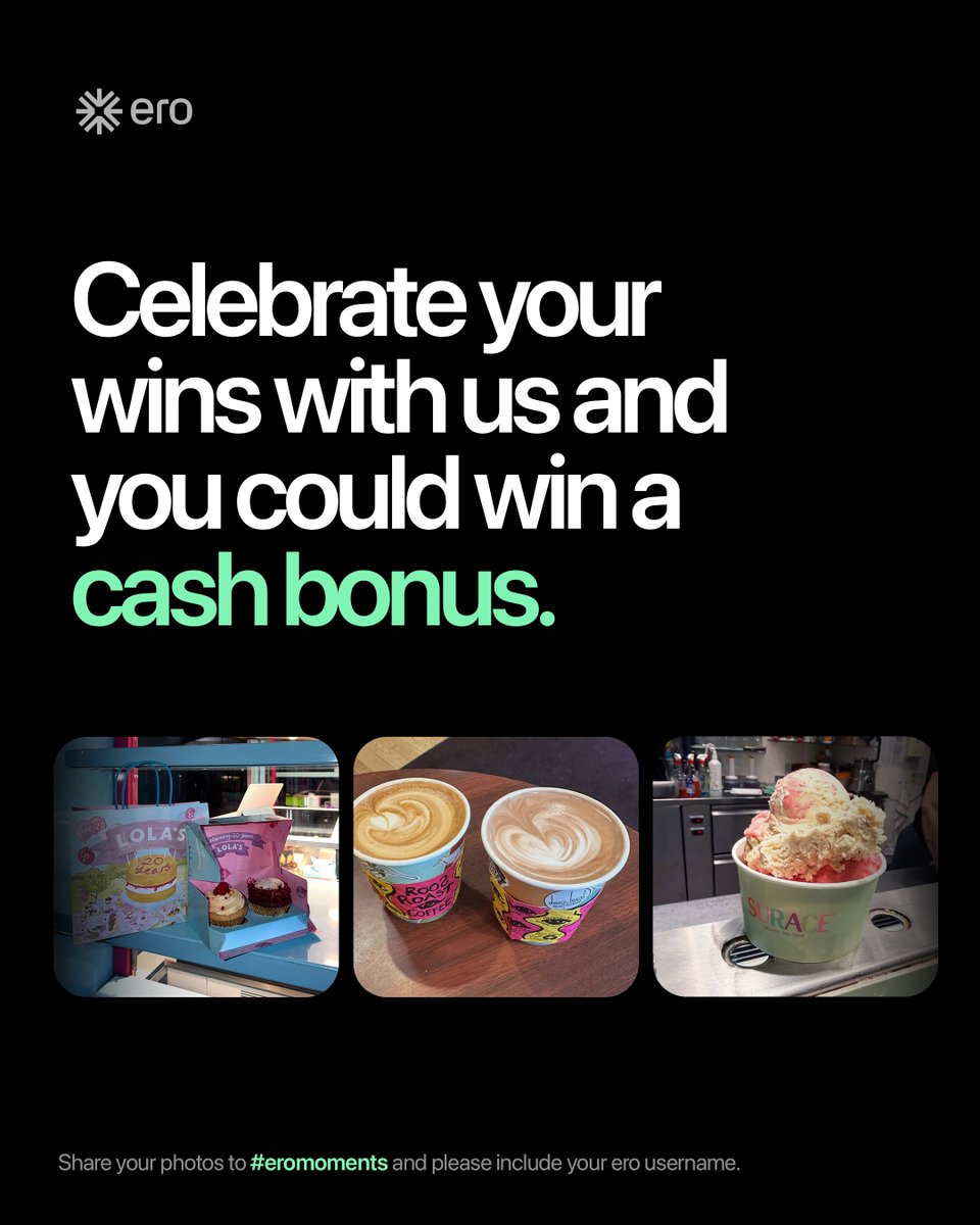 earnos_io's tweet photo. That feeling when you get something you love with money you earned. 🫶

We want to see your #eromoments! Share a photo of something you purchased with your ero earnings and include your ero username for a chance to win a cash bonus.

Each week, we're giving away:
💸 1 × $100 bonus
💸 5 × $20 bonuses
💸 5 × $10 bonuses

We'll pick winners every week for the next four weeks. Every week you enter is another chance to win.*

Post with #eromoments and your ero username. You could be next!

*One eligible entry per user per weekly drawing.