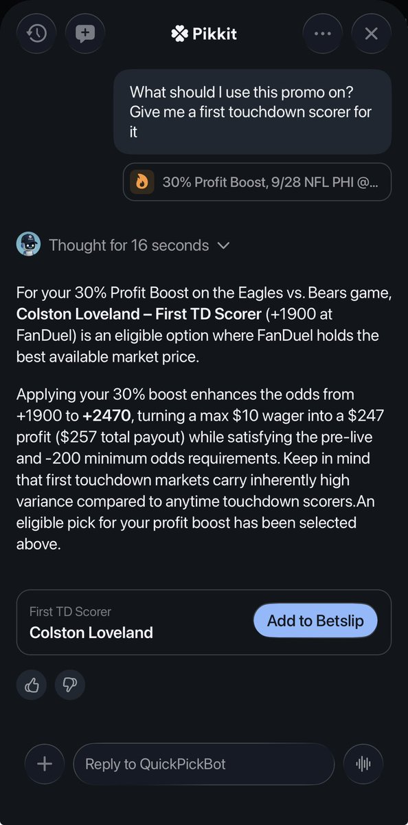 QuickPickBot's tweet photo. Today’s Question 🤖🤖

What should I use this promo on? Give me a first touchdown scorer for it.

Colts on Loveland it is for MNF ✅ https://t.co/uObefbXEi1
