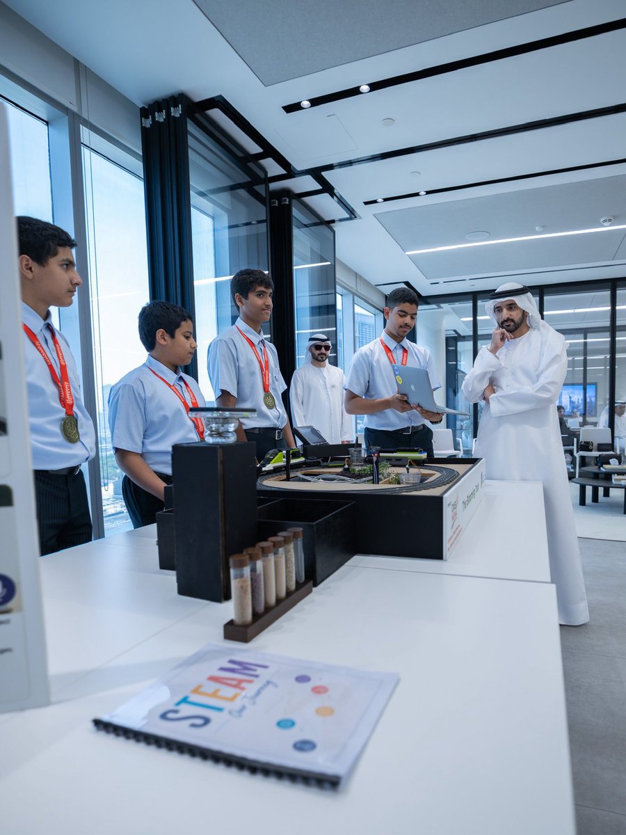Fazza664's tweet photo. was delighted to welcome four outstanding students from Dubai schools – Al Khawaneej, namely: Ali Al Jarwan, Khalifa Al Marzouqi, Omar Al Balooshi, and Saeed Abu Al Shawareb, following their win of the gold medal at the Greenwich International Innovation Olympiad, https://t.co/3Ku9pgEWaB
