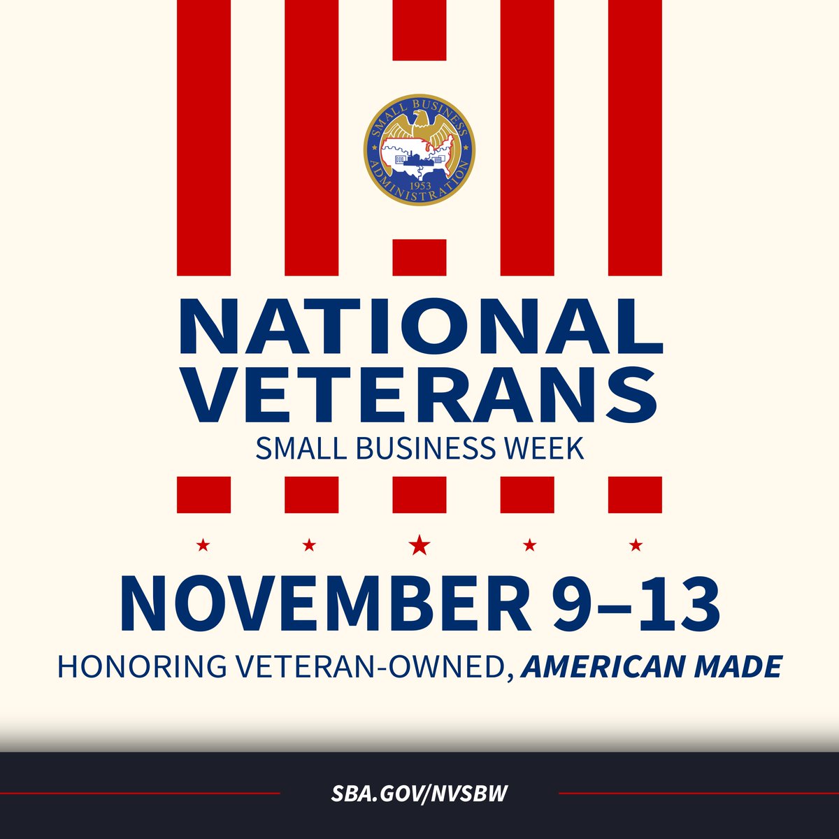 SBAgov's tweet photo. Mark your calendars:  National Veterans Small Business Week is November 9–13! 

The celebration honors America’s 1.6 million veteran-owned small businesses and the commitment to excellence, quality, and strength that defines veteran entrepreneurship.  

Learn more:  https://t.co/TFbjxy58jG

#NVSBW26
