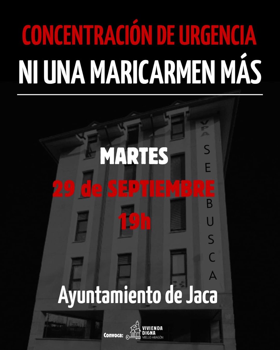 CNT_Huesca's tweet photo. 🏠📢 Mañana Huesca y Jaca acogen concentraciones por el derecho a la vivienda! 

A las 19h en la plaza Cervantes de Huesca 

Y a las 19h frente al ayuntamiento en Jaca

¡Por todas las Maricarmen! https://t.co/DrPORcq2RV