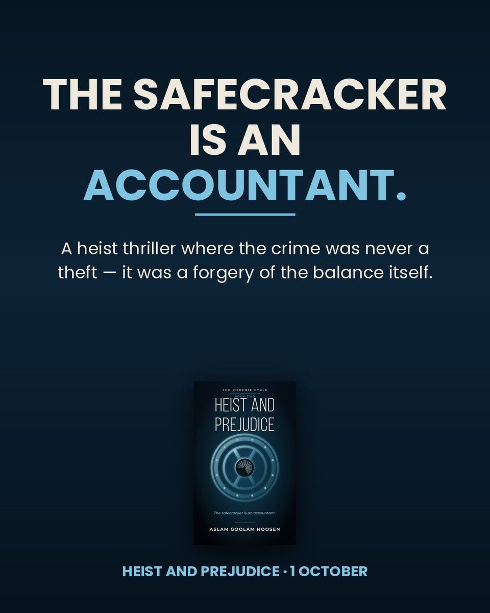 Aslamhoosen's tweet photo. In most heist stories the safecracker has a drill.

In mine, he has a reconciliation.

HEIST AND PREJUDICE — the safecracker is an accountant. Out 1 October.
#Thriller #CrimeFiction #BookTwitter https://t.co/h0yHpRqiYq