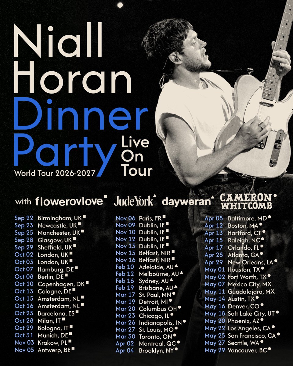 NiallOfficial's tweet photo. now that dinner party live on tour is well and truly under way , i’m thrilled to announce that the tour will be coming to mexico next year ! tickets go on sale this saturday but if you sign up here you’ll get access to tomorrow’s presale : https://t.co/FB6oxE38oW

for those of you in the us and canada, i’m also excited to share that @thecamwhitcomb will be joining me when we head your way next year ! tickets for those dates are available now at https://t.co/j3EByyfCVV

this tour is off to an incredible start in the UK and it’s only the beginning . can’t thank you all enough for everything so far !
