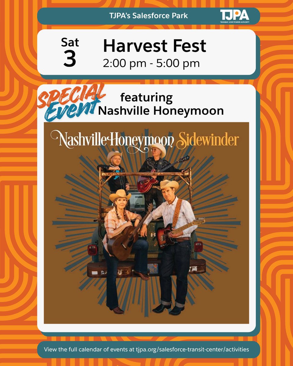 TransitCenterSF's tweet photo. 🎶 This week’s music lineup at TJPA's Salesforce Park!

Schedule update: Bluegrass Breeze on Saturday, September 3 has moved to 2 PM–5 PM as part of Harvest Fest. Come for the music and stay for the fall festivities! 🍂🪕 https://t.co/ZDNLWlTrQQ