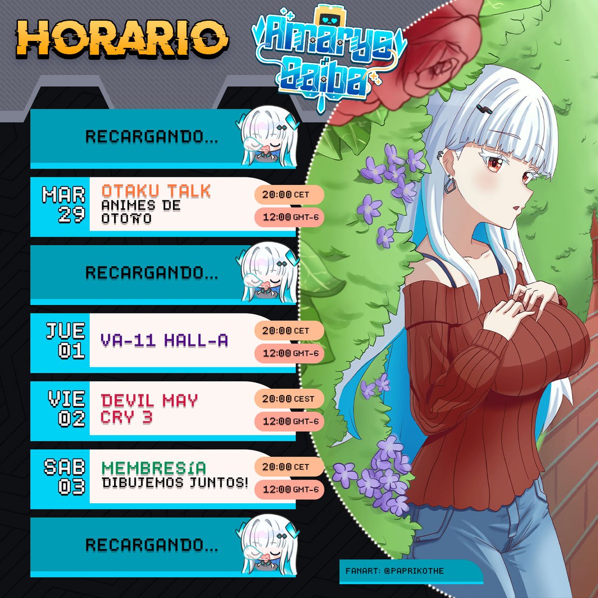 AmarysSaiba's tweet photo. ⚙️ HORARIO 🌐

⇒ Charla otaku, qué animes verás esta temporada?
⇒ VA-11 Hall-A
⇒ Devil May Cry 3 obviamente
⇒ Stream de membresía! Podemos dibujar juntosss

Además de esto, el martes tenemos watchalong de Big Break Showcase sobre juegos de PC indies!

Let's GO https://t.co/mXXcKUtRIB