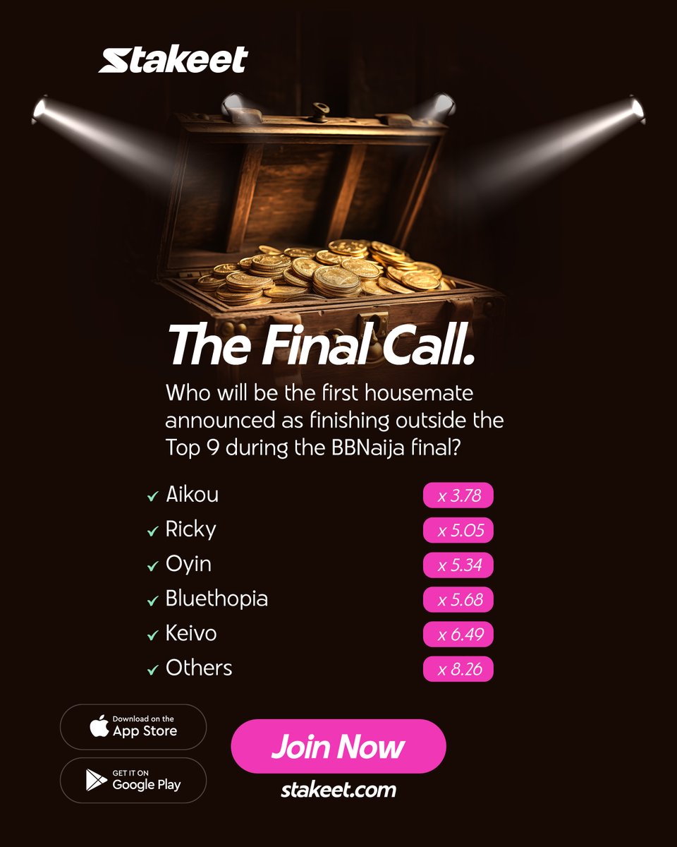 stakeetofficial's tweet photo. It all comes down to this. 👀🔥

The final week is here! 👑 Beyond who’s taking the crown, there are plenty more outcomes to predict.

Think you know how it ends? 👀

👉🏾 https://t.co/6kE5P3nf7M
https://t.co/zgfrfWjL8n
https://t.co/6pZ8QATCsc
https://t.co/88maWrdfrk

#Stakeet #BBNaijaS11 #BBNaija #BBNaijaFinale