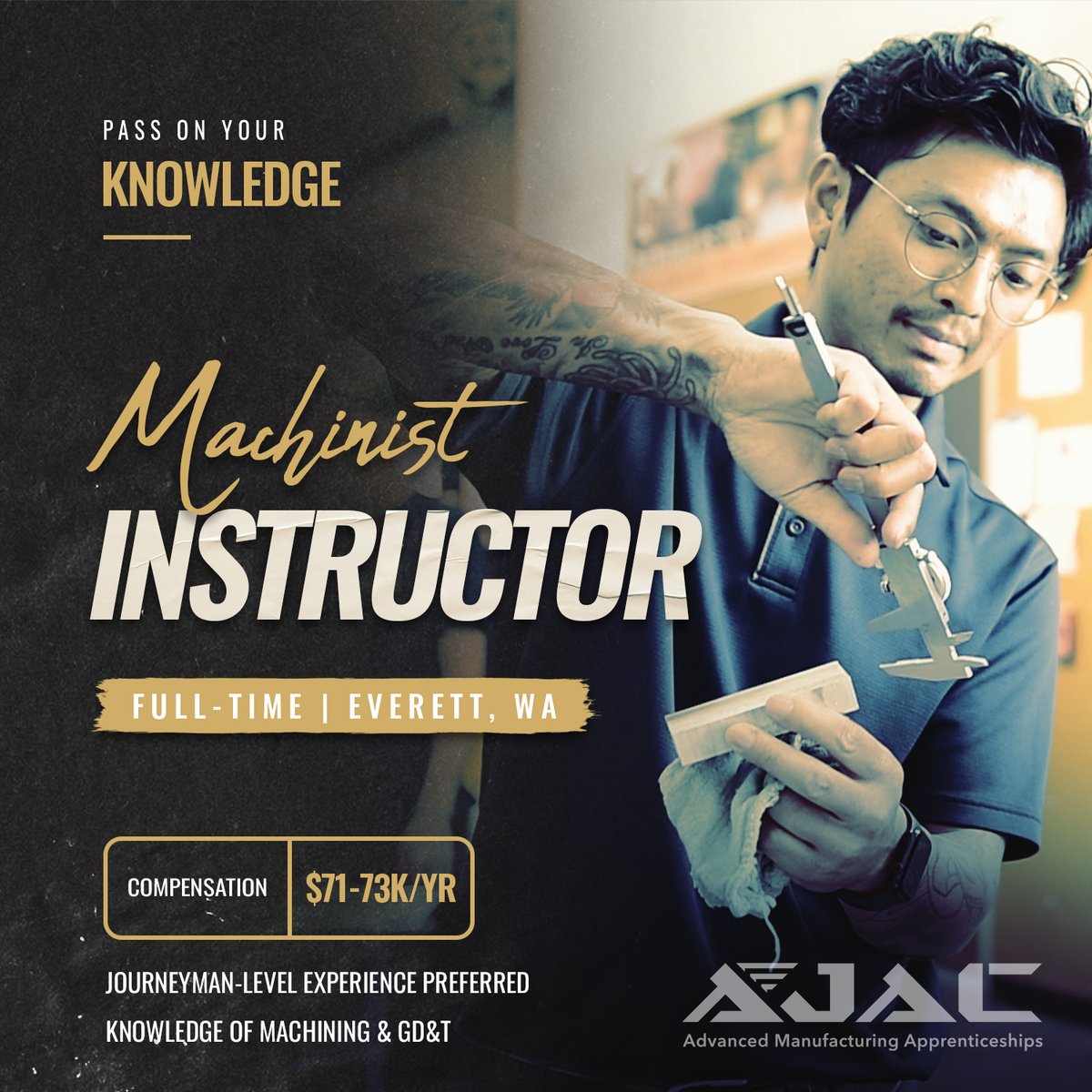 AJACtraining's tweet photo. Know your way around a mill and lathe? Know how to teach it, too? 

AJAC is hiring a machining instructor to help expand manufacturing training across Snohomish County. https://t.co/GfUAM9Jkmy