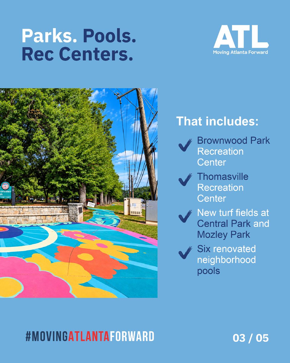 CityofAtlanta's tweet photo. Moving Atlanta Forward Monday: Parks. Pools. Rec Centers.
Investments in recreation are improving spaces across Atlanta where residents can play, move and connect. From rec centers to turf fields and neighborhood pools, projects are moving forward across the city. https://t.co/GirQsZOEGE