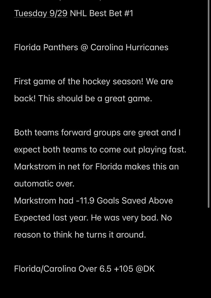 GatorPuckPicks's tweet photo. Tuesday 9/29 NHL Best Bet #1

Florida @ Carolina https://t.co/HOuY5zvGSg