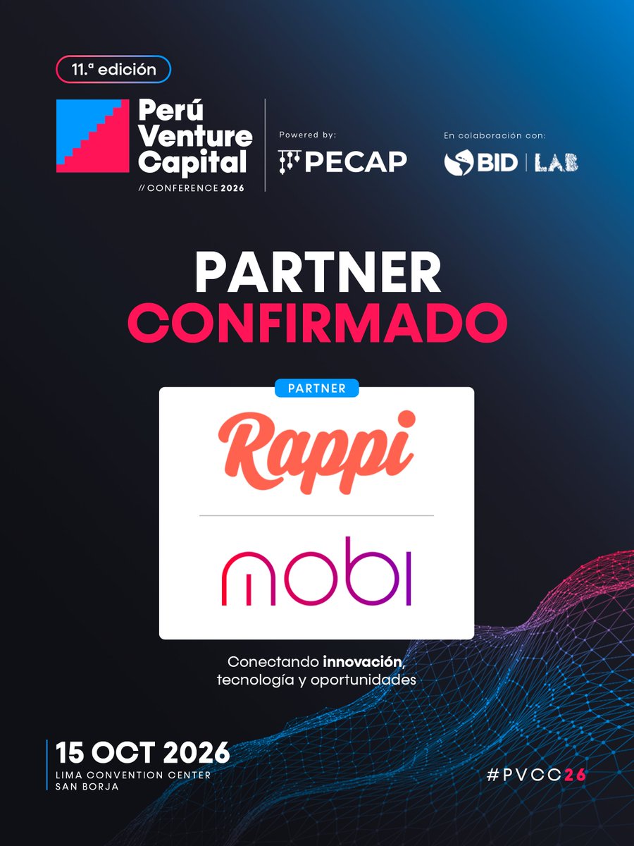 PECAP_'s tweet photo. 🤝 Rappi y MOBI se suman a #PVCC26 como Partners.
El PVCC26 es impulsado por PECAP y BID Lab, en el marco del proyecto Activando el Ecosistema Emprendedor Peruano.
🚀 Más conexiones, colaboración e innovación
📅 15 OCT · Lima
🎟️ https://t.co/PQmQw7eE4T #Rappi #MOBI #PECAP #BIDLab https://t.co/jlwesfNT3N