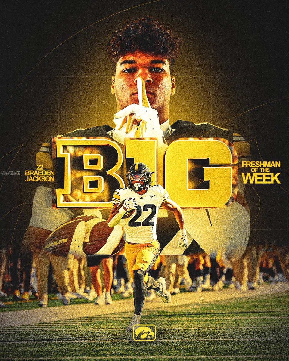 HawkeyeFootball's tweet photo. 99 reasons 🏆

@BraedenJ22 ➡️ Big Ten Freshman of the Week. https://t.co/YBazwSY0aJ