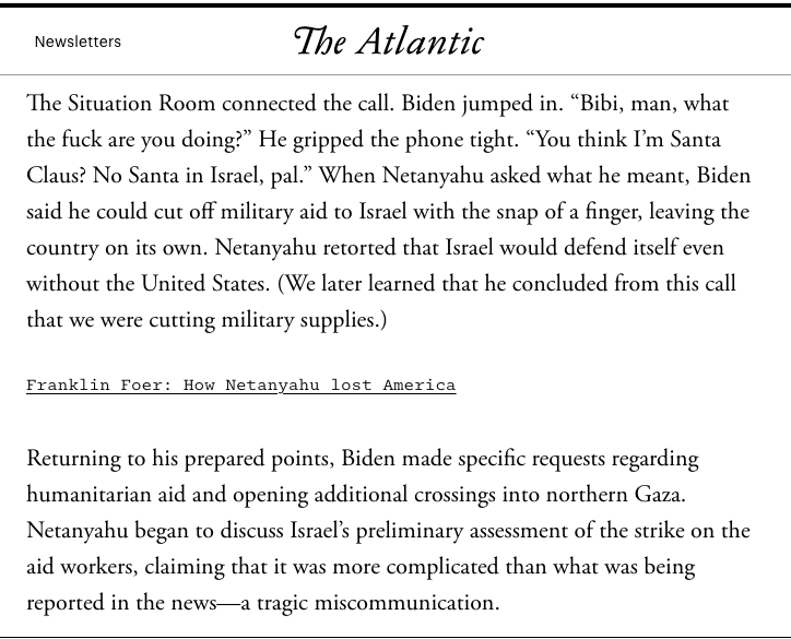 magi_jay's tweet photo. Biden used leverage to prevent broader ME war, as well as to promote human welfare w/in a warzone. Not only does he not get enough credit for this, he has been slandered as pro-"genocide." There are plenty of possible critiques, but the overall narrative is a crime against truth. https://t.co/HSDpZDV9Sk
