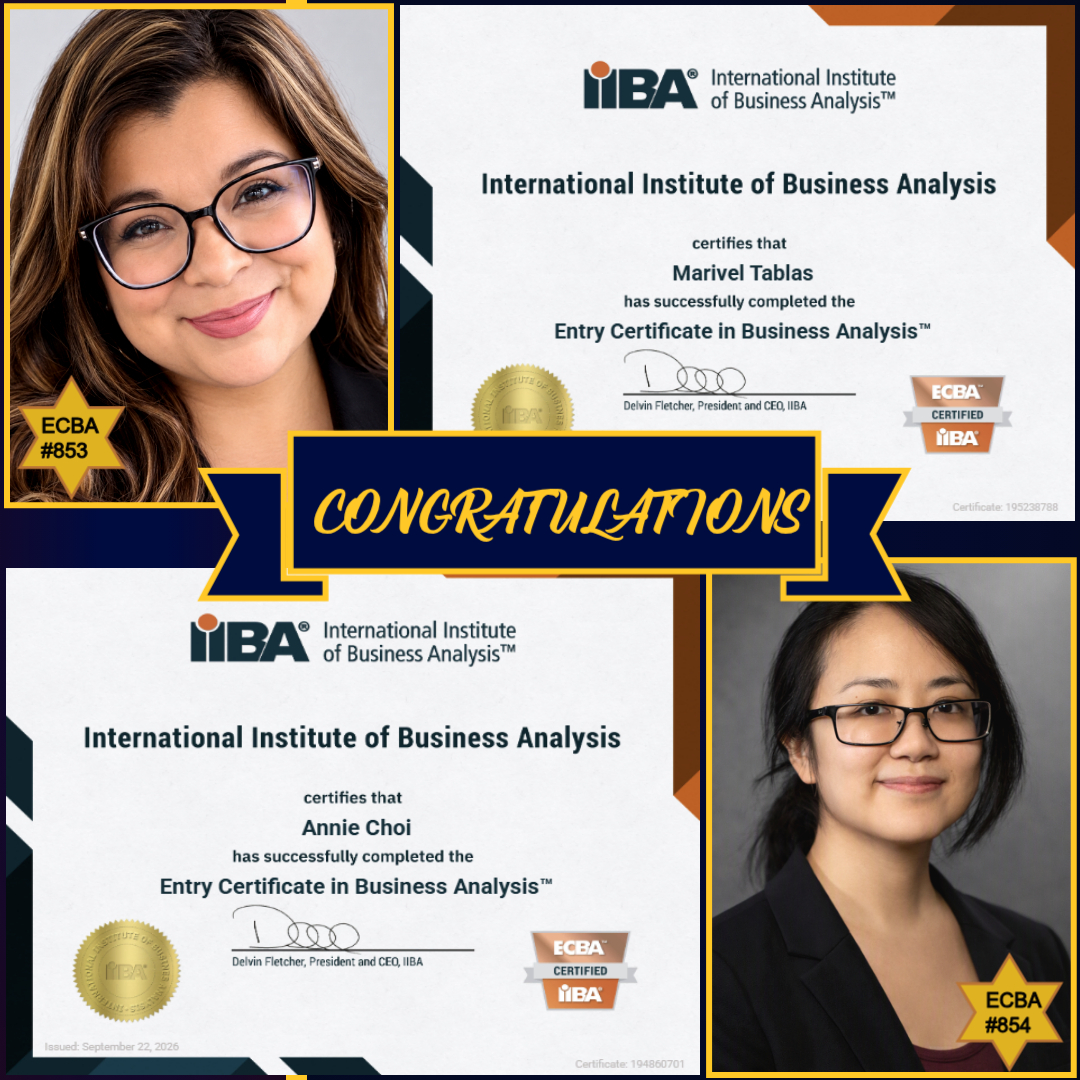 lnmishra's tweet photo. Congratulations, IIBA Certified Professionals!🎉
All of us at Adaptive US are super proud of your achievement!

Marivel Tablas, ECBA
Annie Choi, ECBA

#iiba #AdaptiveUS #ecba #iibacertification #baot #businessanalyst #Businessanalysis https://t.co/EmVi3nVkhc