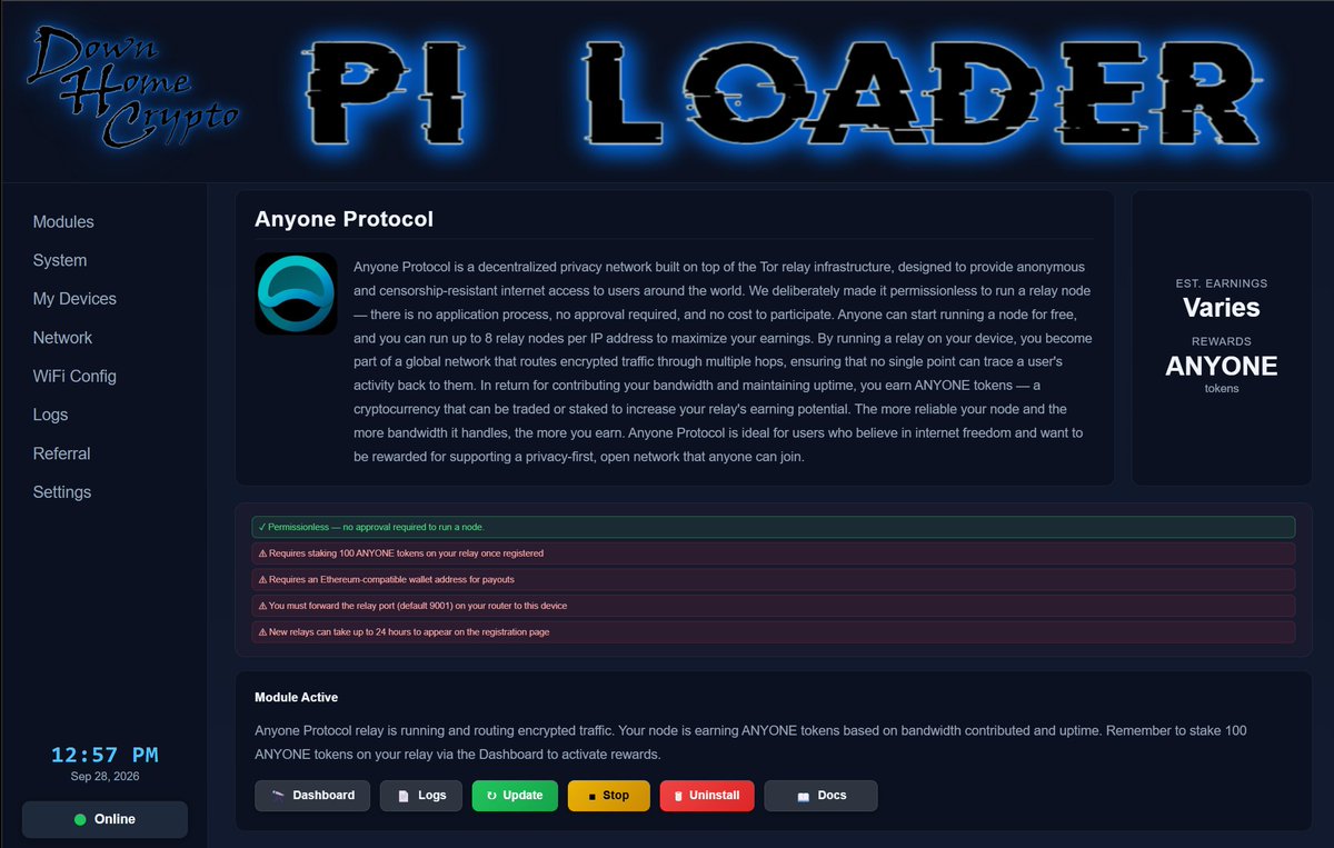piloader's tweet photo. The Anyone dashboard is LIVE 🔥

That old Helium miner or Raspberry Pi on your shelf can now run an Anyone relay and earn ANYONE rewards 💸

This is what it looks like on PiLoader 👇 Install the module in a couple of clicks, forward one port on your router, and your relay starts routing encrypted traffic for a privacy-first internet. Then tap Dashboard, claim your relay, and it earns for you 24/7 ⚡

No new hardware, no command line. Just the gear you already own, put back to work 🙌

👉 https://t.co/Youl8219ep

#piloader #anyone #depin #helium