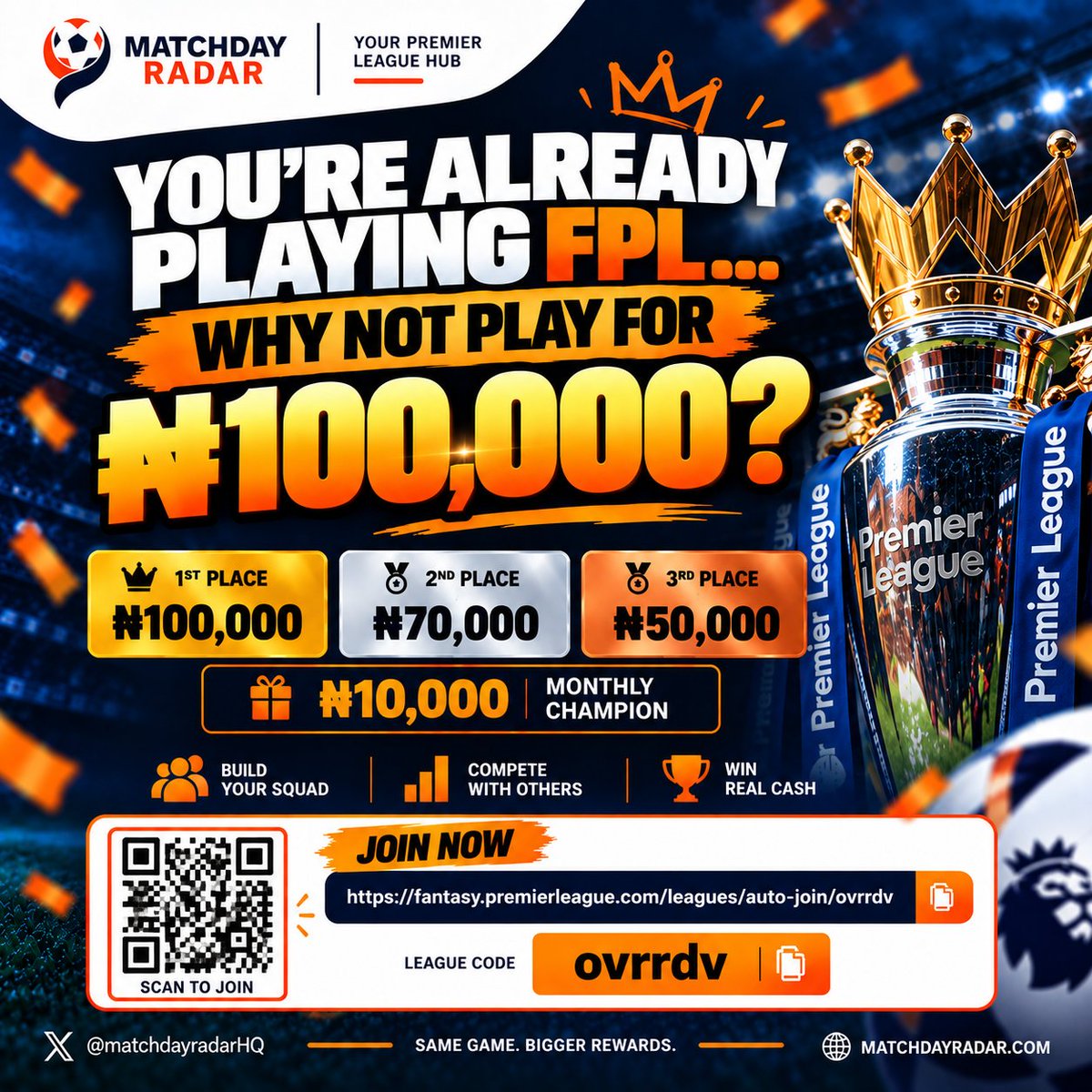 matchdayradarHQ's tweet photo. 👀 WHAT IF YOUR FPL TEAM COULD PAY YOU?

💰 ₦100K for 1st.

Think you can top the league? 

🔗 https://t.co/7E3Ww4St3Q

#FPL #MatchDayRadar https://t.co/umvvgH8Isf