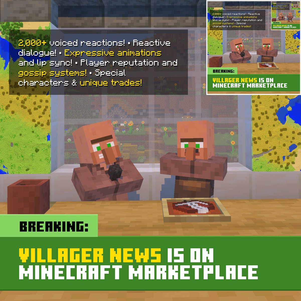 MinecraftMarket's tweet photo. 🚨BREAKING NEWS 🚨

The voice from the Villager News videos has followed you into Minecraft! Hear 2,000+ voiced reactions to mobs, blocks, and whatever you're doing.

With the Villager News add-on from @OrevilleStudios and @Element Animation, your villagers can finally tell you what they’re thinking. You may wish you hadn’t asked.

Get it here: https://t.co/AjnAciko0x