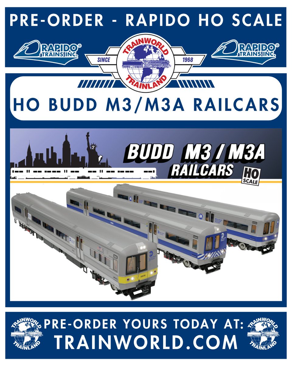 Trainworld's tweet photo. Rapido HO Scale Long Island Rail Road (LIRR/MTA) Budd M3 / M3A Railcars! https://t.co/ZrX2u9zcAM

Pre-Order Long Island Trains at: https://t.co/1RAdwL6qNr @RapidoTrains

#trains #train #modeltrain #modelrailroad #railfans #railfans_of_instagram #railfanning #trainworld #trainland #toytrain #modeltrains #railroad #locomotive #rapido #rapidotrains #hoscale #lirr #longislandrailroad #budd #m3 #m3a #ridewithtrainworld