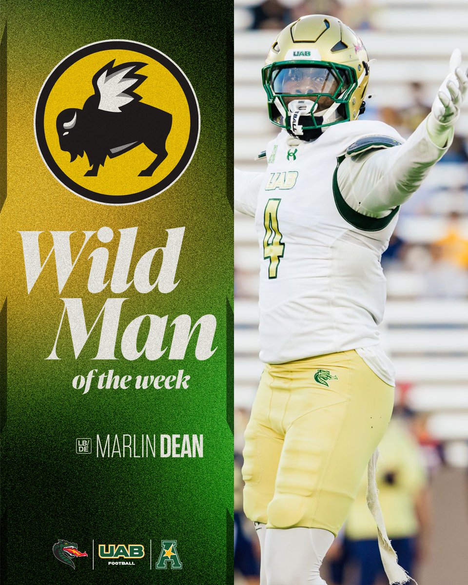UAB_FB's tweet photo. Congrats to Marlin Dean for being named @BWWings Wild Man of the Week! Marlin turned in a dominant defensive performance against Navy with 12 tackles, 4.5 TFLs, 2.5 sacks and 3 forced fumbles.

Tune in to Blazer Sportsline at Buffalo Wild Wings Southside on Tuesday night from 6-7 pm!

#WinAsOne | @MarlinDean5