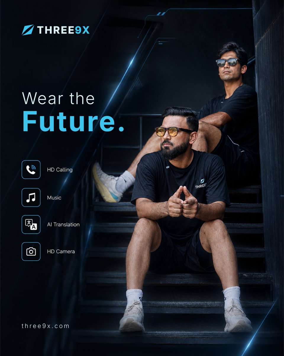 three9xtech's tweet photo. Calls. Music. Camera. AI translation.
All sitting right on your face. Kinda wild when you think about it.

The future’s not coming. We’re already wearing it.
THREE9X. Wear the future.

#THREE9X #WearTheFuture #SmartGlasses #AIGlasses #WearableTech https://t.co/UkvyA2gzop