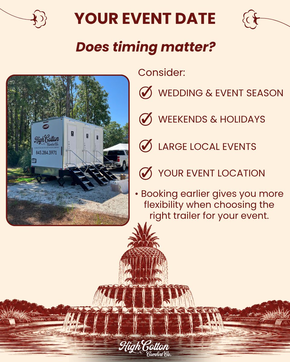 RentHighCotton's tweet photo. When should you book a portable restroom trailer rental? 🚻

Contact High Cotton Comfort Co. to get your free quote.

📍 Charleston, SC 
☎️ (843) 284-3971  
🌐 https://t.co/BNOki5owob

#CharlestonEvent #CharlestonWedding #OutdoorEvent #EventPlanning #PortableRestroomTrailerRental https://t.co/OcfOKfirJt