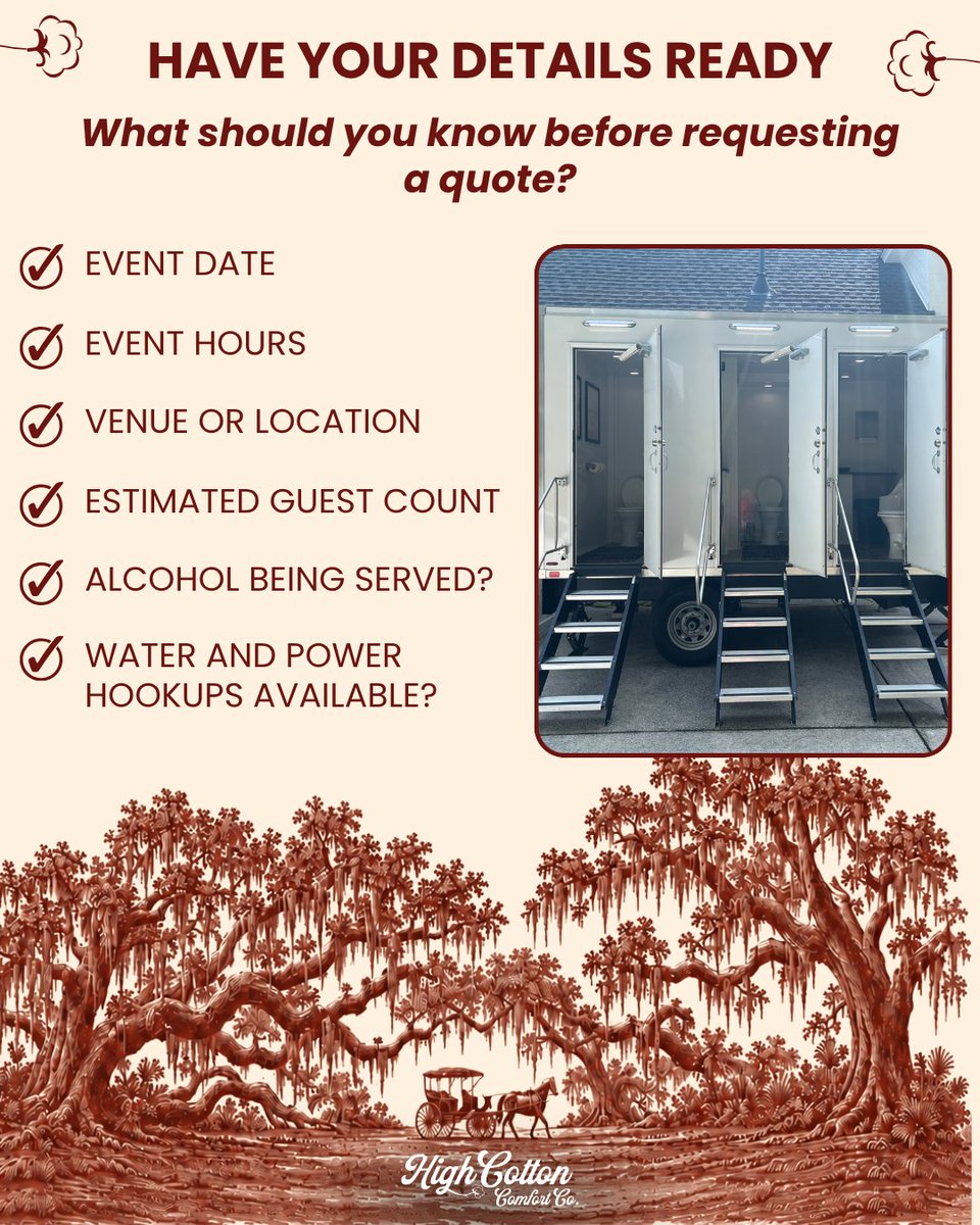 RentHighCotton's tweet photo. When should you book a portable restroom trailer rental? 🚻

Contact High Cotton Comfort Co. to get your free quote.

📍 Charleston, SC 
☎️ (843) 284-3971  
🌐 https://t.co/BNOki5owob

#CharlestonEvent #CharlestonWedding #OutdoorEvent #EventPlanning #PortableRestroomTrailerRental https://t.co/OcfOKfirJt