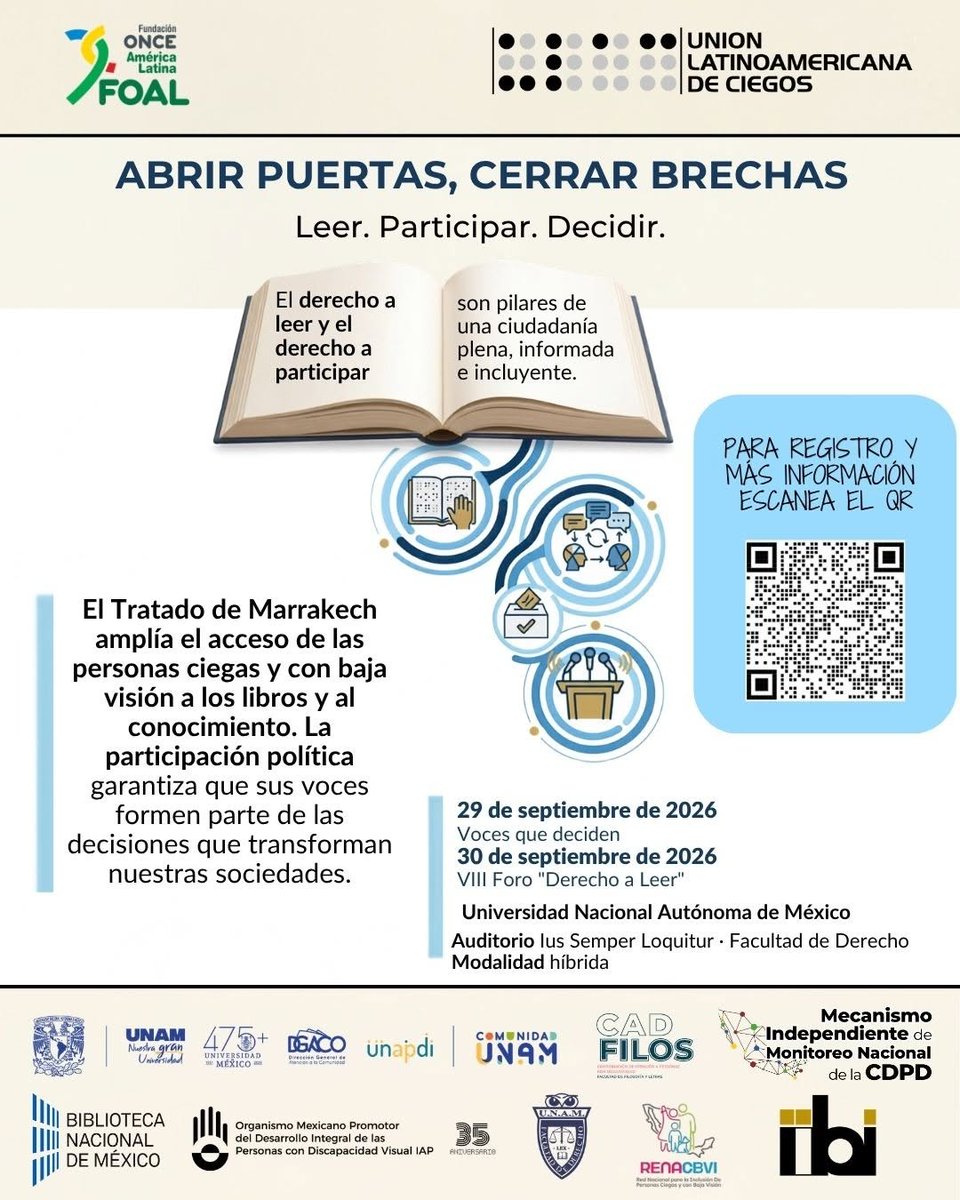 Comunidad_UNAM's tweet photo. Primer Congreso Internacional “Abrir puertas, cerrar brechas: Leer, Participar, Decidir”
📅 29 y 30 de septiembre
📍 Facultad de Derecho, C.U. | Modalidad híbrida
📝 Registro gratuito: https://t.co/IUlTTkZRga
#ComunidadSinBarreras #UNAPDI #DerechoAleer
@DerechoUNAM @IIBI_UNAM_MX https://t.co/BbA0IuzyHG