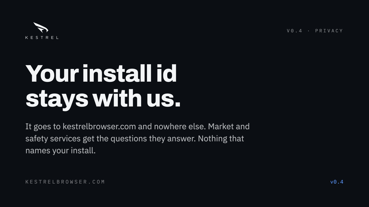 kestrelbrowser's tweet photo. Your browser shouldn't introduce you to everyone it talks to.

Kestrel Browser asks market and safety services only the questions they answer. The random id of your install goes to our own site and nowhere else, and your keys never leave your device.

Private by default, since v0.4.