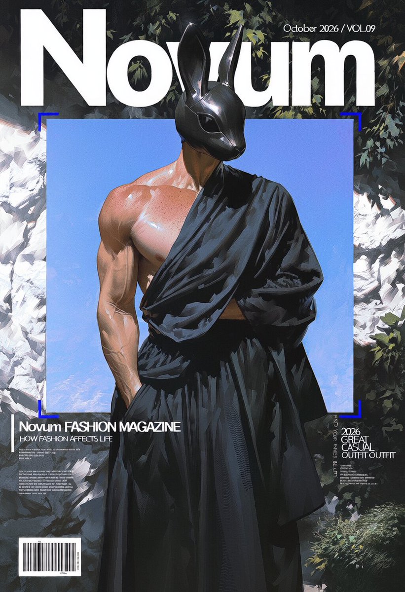 bla_bla_bunny's tweet photo. [Novum magazin]

#jt_prompt

1people, fashion magazine cover, vertical composition, editorial layout, black fashion photograph background, large central square color portrait photo layered over the background, blue rectangular selection frame around portrait, blue corner handles, halftone dot texture,

1.8::"Novum" large bold white typography at top::, "October 2026 / VOL.09" above title, "Novum FASHION MAGAZINE" beneath title, thin white horizontal divider, white editorial typography, "HOW FASHION AFFECTS LIFE" lower left, "2026 GREAT CASUAL OUTFIT" right side, "FIND YOUR INNER BEAUTY" lower right, small white body text blocks, barcode at bottom left