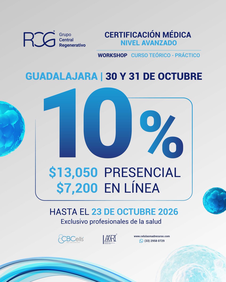 RCGmexico's tweet photo. 🔬 Continúa tu formación con una beca del 10%.

La Certificación Médica Nivel Avanzado profundiza en Células Troncales Mesenquimales, exosomas y terapias celulares avanzadas.

30 y 31 de octubre | Presencial o en línea

Solicita tu beca:
https://t.co/tjxItNyjPD https://t.co/Y9GIU17tO6