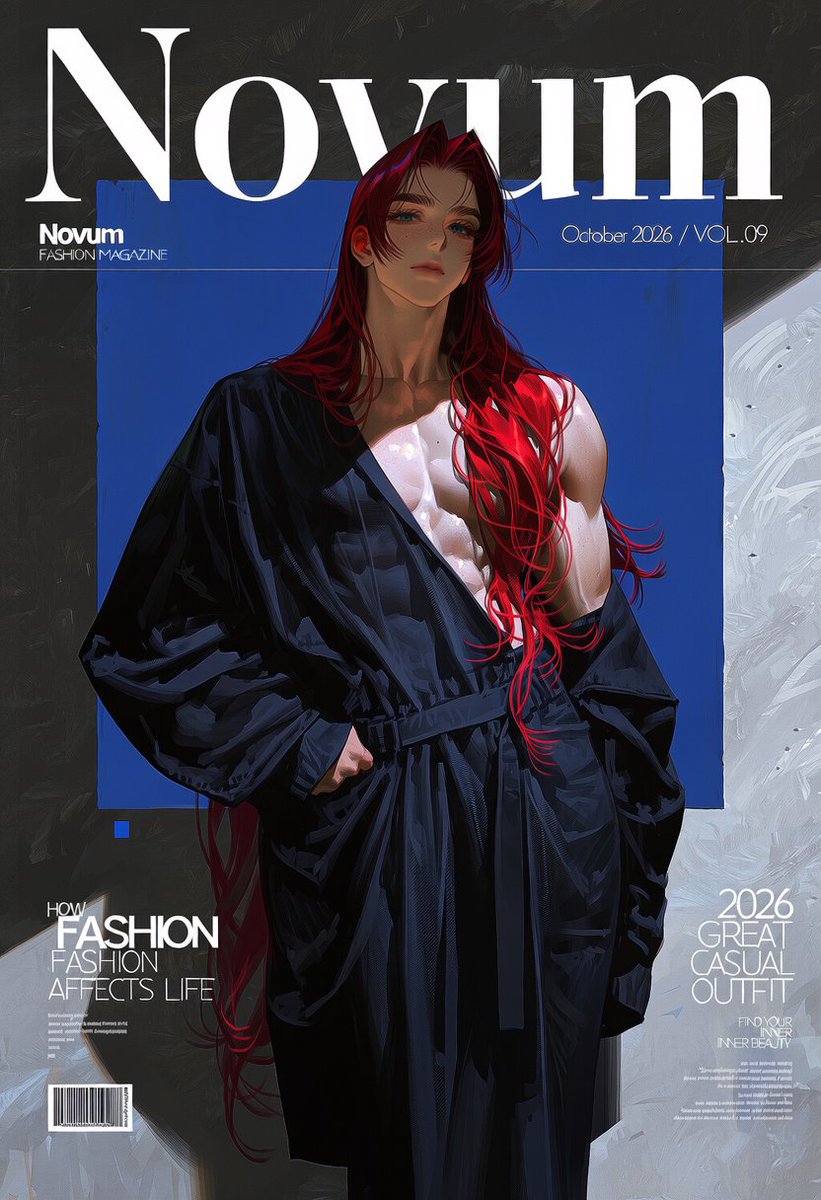 bla_bla_bunny's tweet photo. [Novum magazin]

#jt_prompt

1people, fashion magazine cover, vertical composition, editorial layout, black fashion photograph background, large central square color portrait photo layered over the background, blue rectangular selection frame around portrait, blue corner handles, halftone dot texture,

1.8::"Novum" large bold white typography at top::, "October 2026 / VOL.09" above title, "Novum FASHION MAGAZINE" beneath title, thin white horizontal divider, white editorial typography, "HOW FASHION AFFECTS LIFE" lower left, "2026 GREAT CASUAL OUTFIT" right side, "FIND YOUR INNER BEAUTY" lower right, small white body text blocks, barcode at bottom left